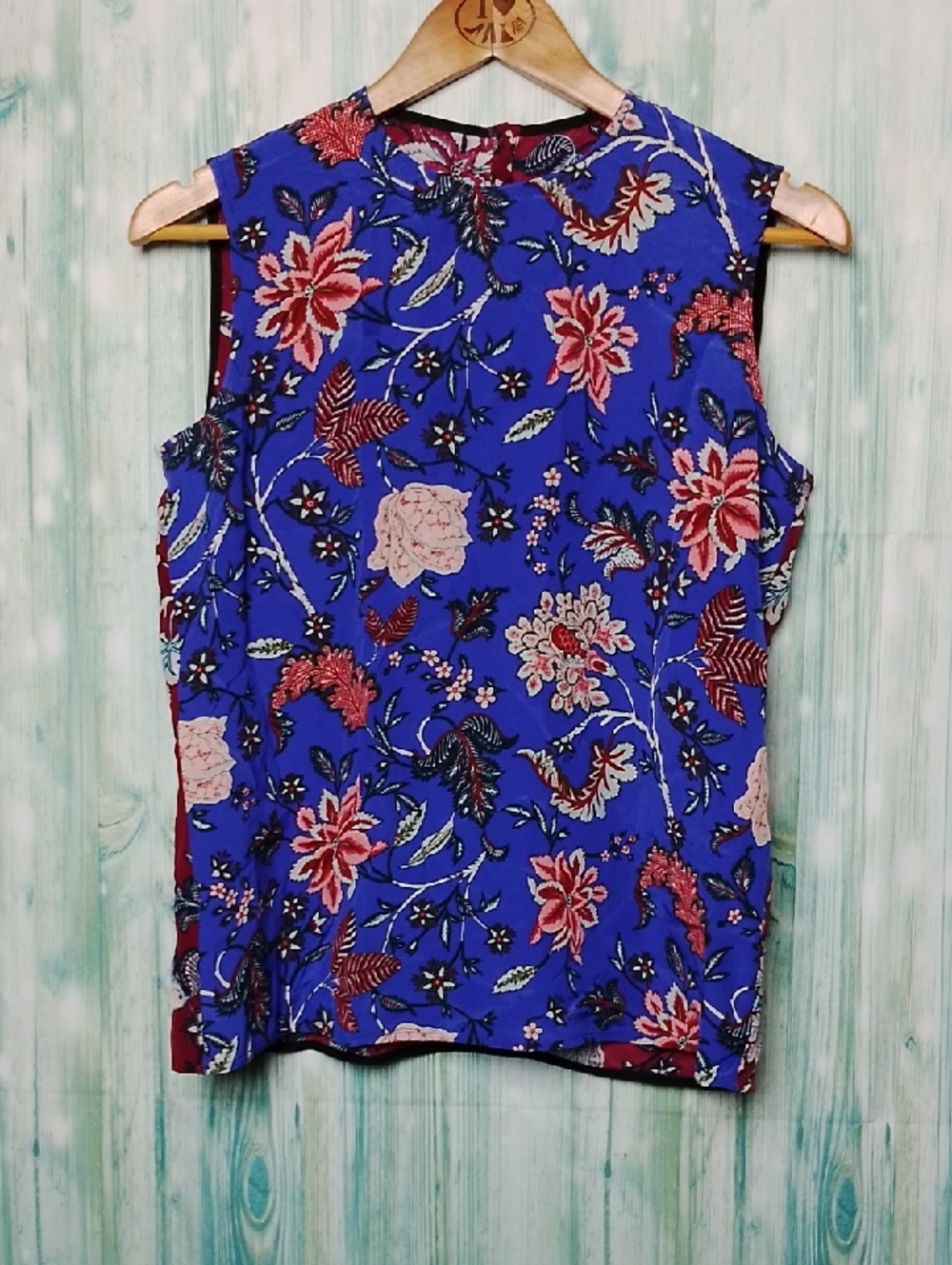 Diane Von Furstenberg  Blue And Wine Floral Sleeveless Silk Top Petite
